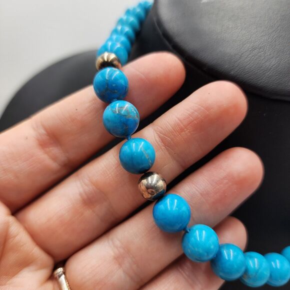 Southwest Blue Turquoise Gum Ball Bead Sterling Silver Choker Necklace 16-18" - Picture 2 of 5